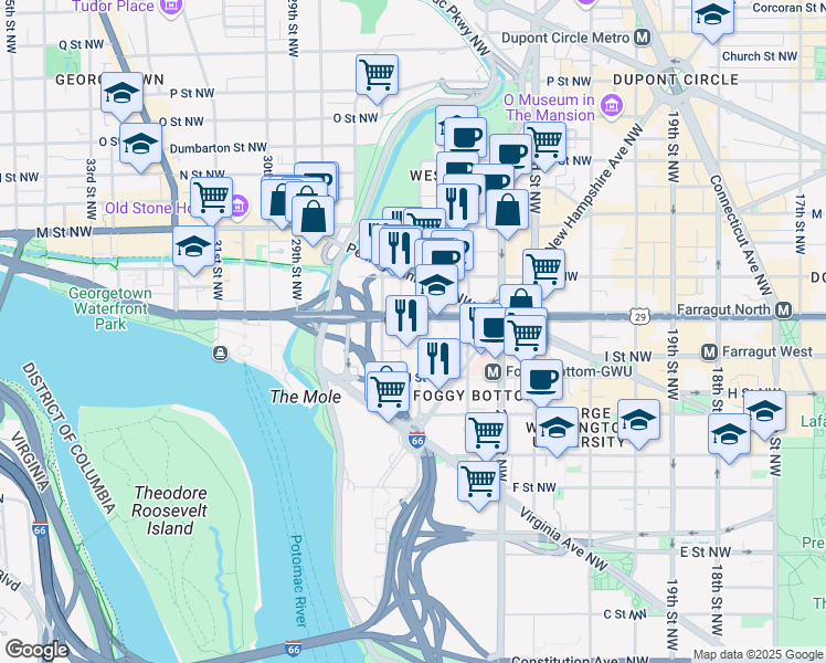map of restaurants, bars, coffee shops, grocery stores, and more near 950 25th Street Northwest in Washington