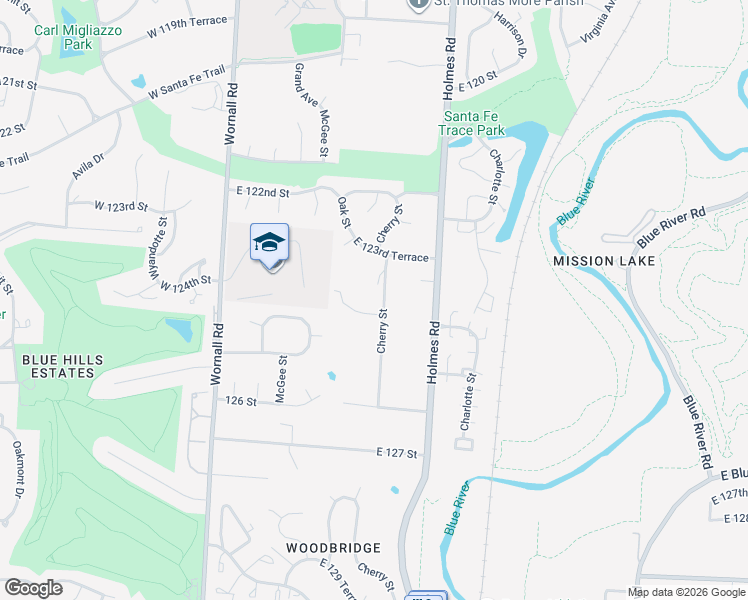 map of restaurants, bars, coffee shops, grocery stores, and more near 12310 Cherry Street in Kansas City