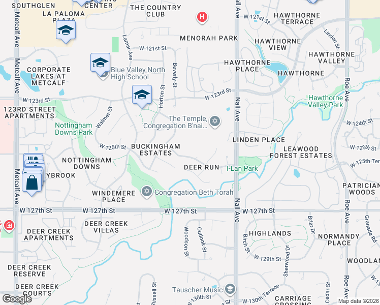 map of restaurants, bars, coffee shops, grocery stores, and more near 5812 West 124th Street in Leawood