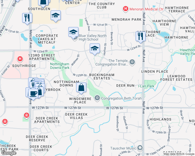 map of restaurants, bars, coffee shops, grocery stores, and more near 12416 Beverly Street in Leawood