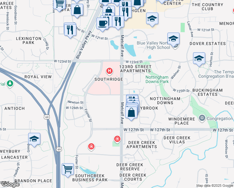 map of restaurants, bars, coffee shops, grocery stores, and more near 6919 West 125th Street in Leawood