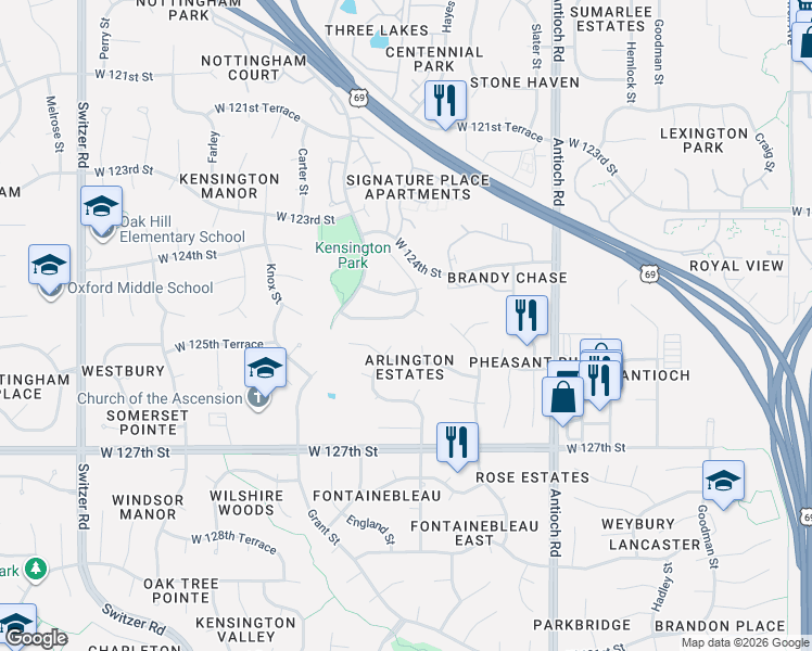 map of restaurants, bars, coffee shops, grocery stores, and more near 9308 England Street in Overland Park