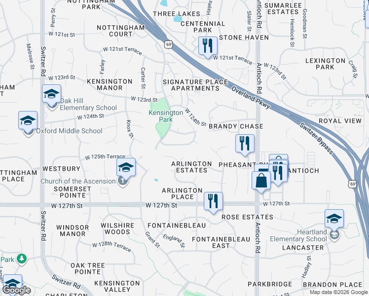 map of restaurants, bars, coffee shops, grocery stores, and more near 9408 West 125th Street in Overland Park