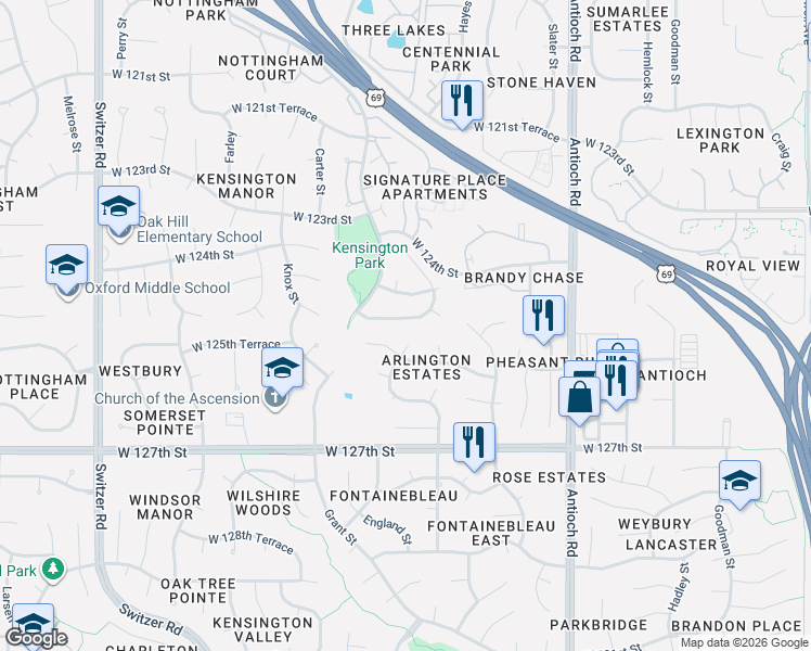 map of restaurants, bars, coffee shops, grocery stores, and more near 9408 West 125th Street in Overland Park