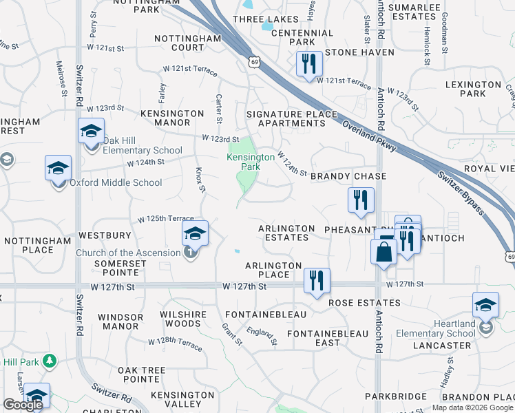 map of restaurants, bars, coffee shops, grocery stores, and more near 9408 West 125th Street in Overland Park