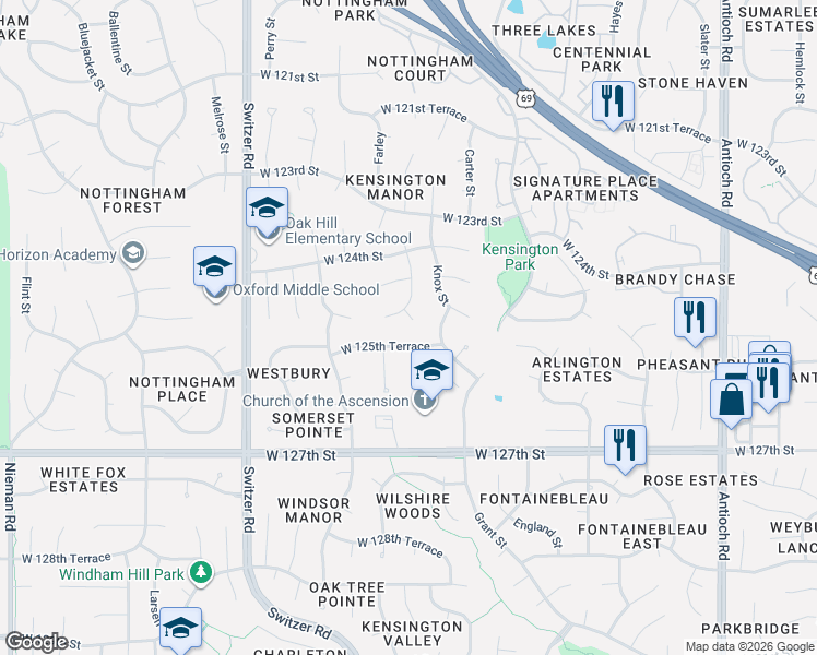 map of restaurants, bars, coffee shops, grocery stores, and more near 12520 Connell in Overland Park