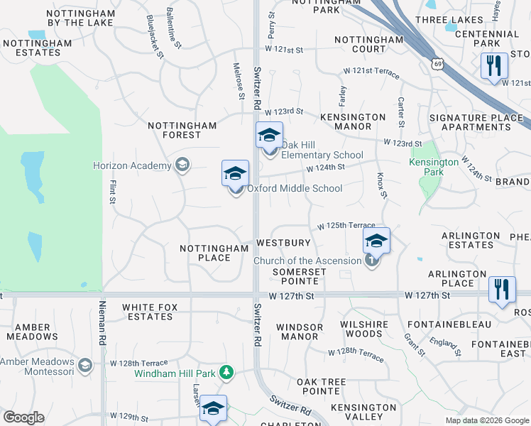 map of restaurants, bars, coffee shops, grocery stores, and more near 12425 Perry Street in Overland Park