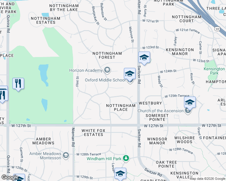 map of restaurants, bars, coffee shops, grocery stores, and more near 11008 West 125th Street in Overland Park