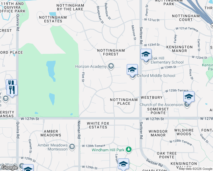 map of restaurants, bars, coffee shops, grocery stores, and more near 12500 Nieman Road in Overland Park