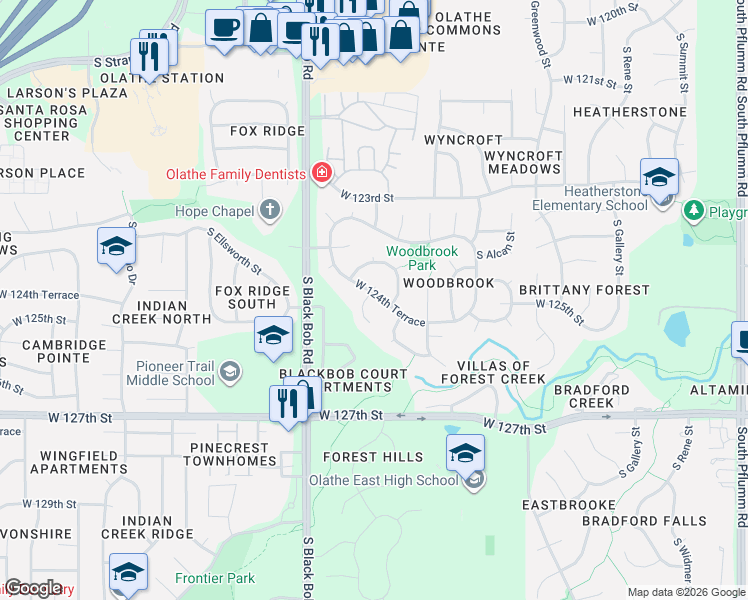 map of restaurants, bars, coffee shops, grocery stores, and more near 14810 West 124th Terrace in Olathe