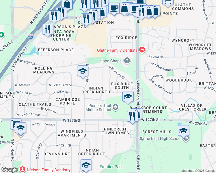 map of restaurants, bars, coffee shops, grocery stores, and more near 12458 South Ortega Drive in Olathe