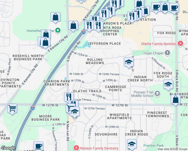 map of restaurants, bars, coffee shops, grocery stores, and more near 16214 West 124th Terrace in Olathe