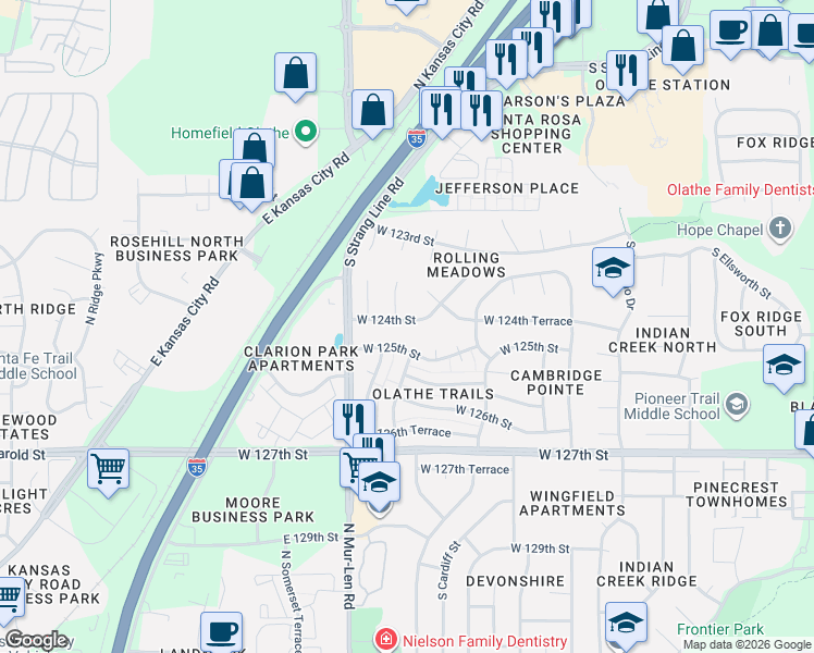 map of restaurants, bars, coffee shops, grocery stores, and more near 12336 South Summertree Circle in Olathe