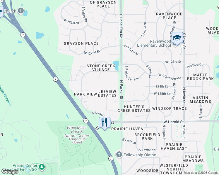 map of restaurants, bars, coffee shops, grocery stores, and more near 1310 North Leeview Drive in Olathe