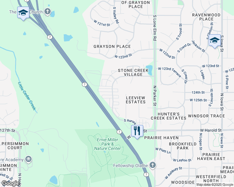 map of restaurants, bars, coffee shops, grocery stores, and more near 1311 North Leeview Circle in Olathe