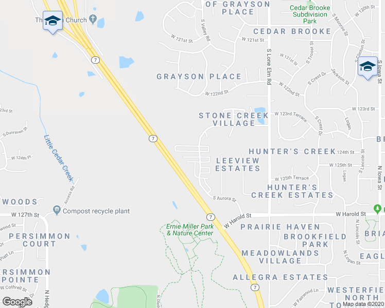 map of restaurants, bars, coffee shops, grocery stores, and more near 22071 West 124th Terrace in Olathe