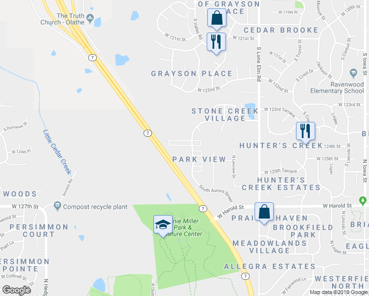map of restaurants, bars, coffee shops, grocery stores, and more near 22071 West 124th Terrace in Olathe