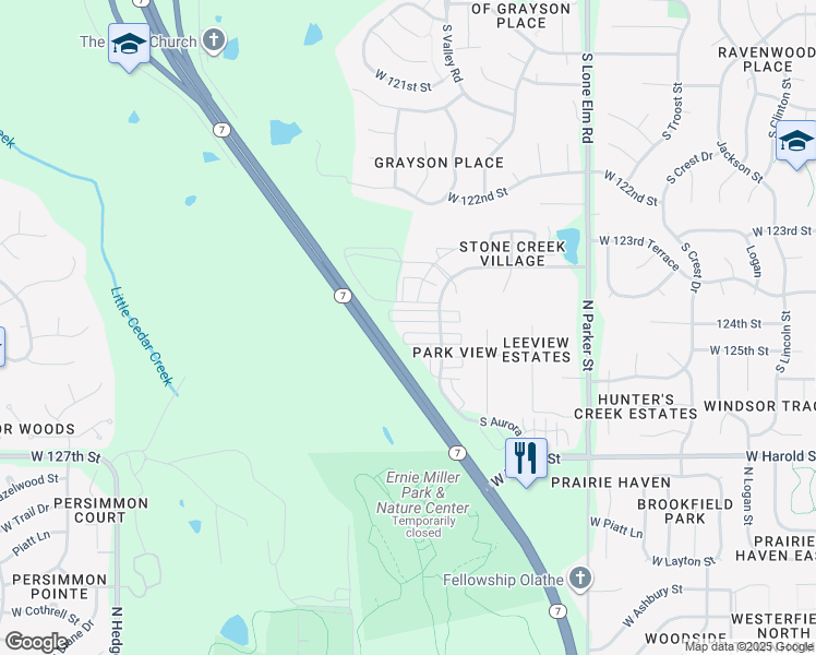 map of restaurants, bars, coffee shops, grocery stores, and more near 22113 West 124th Terrace in Olathe