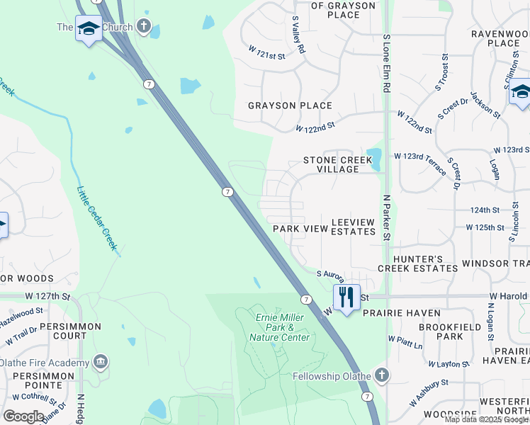 map of restaurants, bars, coffee shops, grocery stores, and more near 22113 West 124th Terrace in Olathe