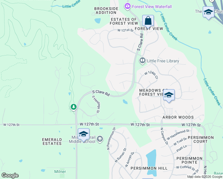 map of restaurants, bars, coffee shops, grocery stores, and more near 24185 West 124th Terrace in Olathe