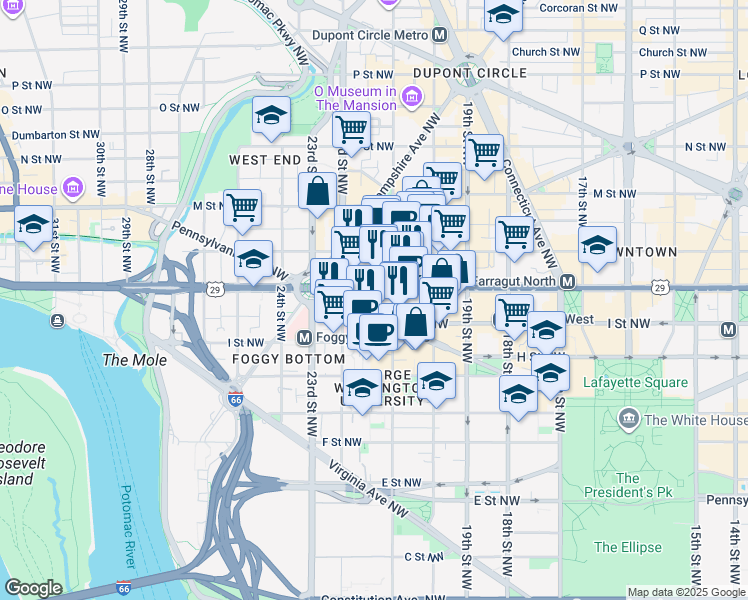 map of restaurants, bars, coffee shops, grocery stores, and more near in Washington