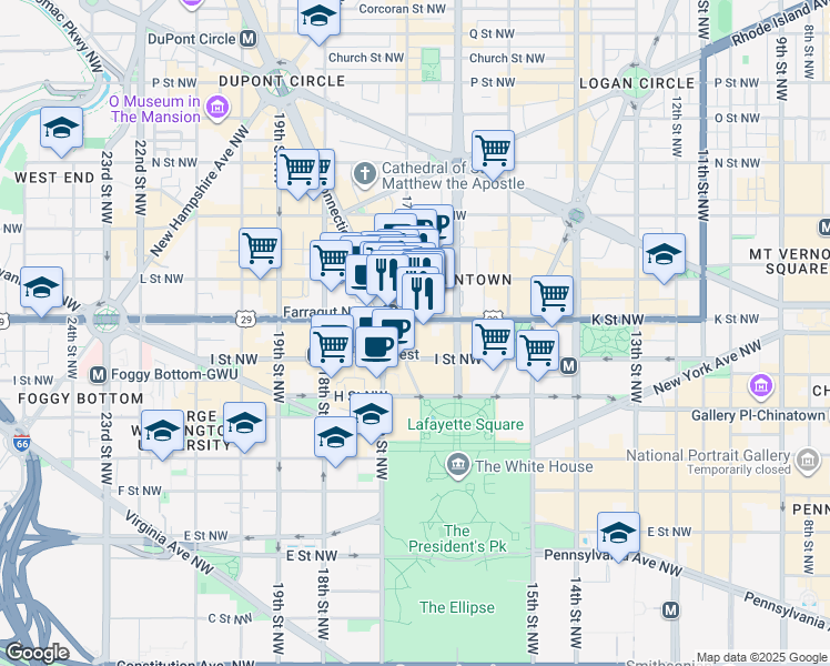 map of restaurants, bars, coffee shops, grocery stores, and more near 1666 K Street Northwest in Washington