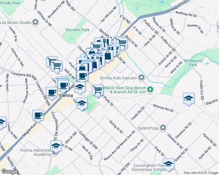 map of restaurants, bars, coffee shops, grocery stores, and more near 206 Park Terrace Court Southeast in Vienna