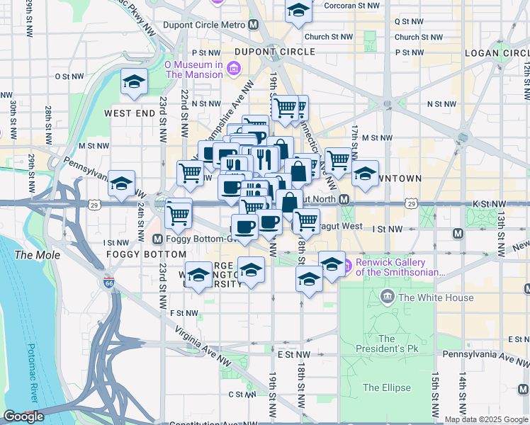 map of restaurants, bars, coffee shops, grocery stores, and more near 1900 K Street Northwest in Washington