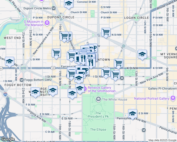 map of restaurants, bars, coffee shops, grocery stores, and more near 925 17th Street Northwest in Washington