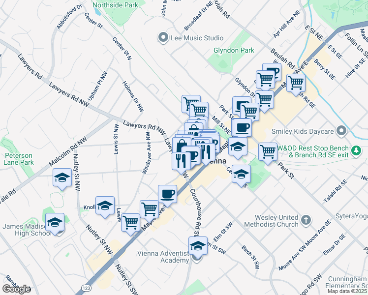 map of restaurants, bars, coffee shops, grocery stores, and more near 124 Wilmar Place Northwest in Vienna