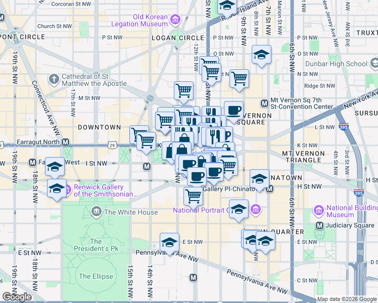 map of restaurants, bars, coffee shops, grocery stores, and more near 1200 K Street Northwest in Washington