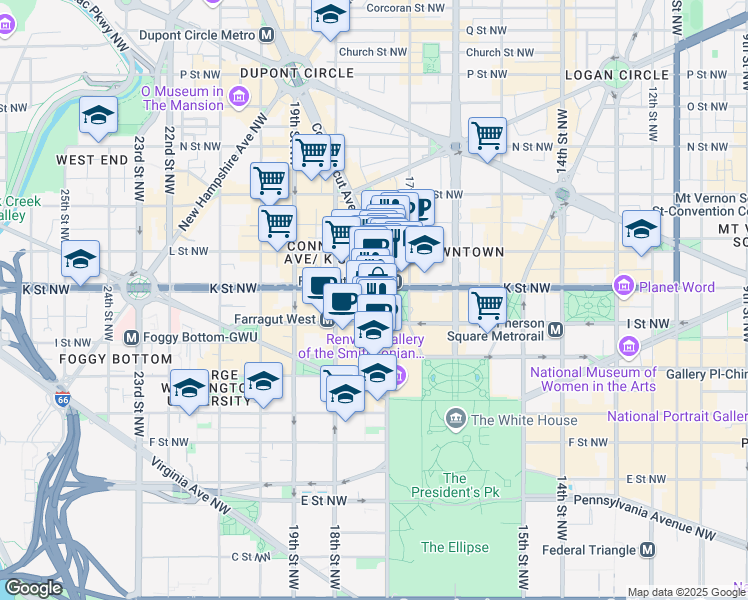 map of restaurants, bars, coffee shops, grocery stores, and more near 1700 K Street Northwest in Washington