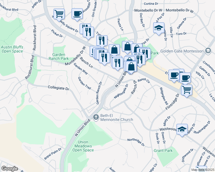 map of restaurants, bars, coffee shops, grocery stores, and more near 4855 Garden Ranch Drive in Colorado Springs
