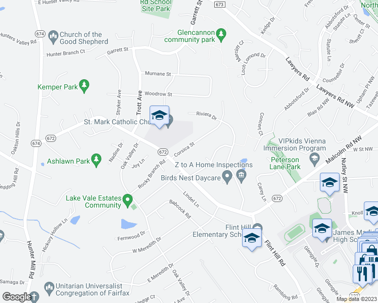 map of restaurants, bars, coffee shops, grocery stores, and more near 9947 Corsica Street in Vienna