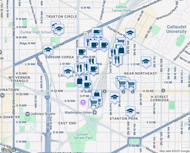 map of restaurants, bars, coffee shops, grocery stores, and more near 77 K Street Northeast in Washington