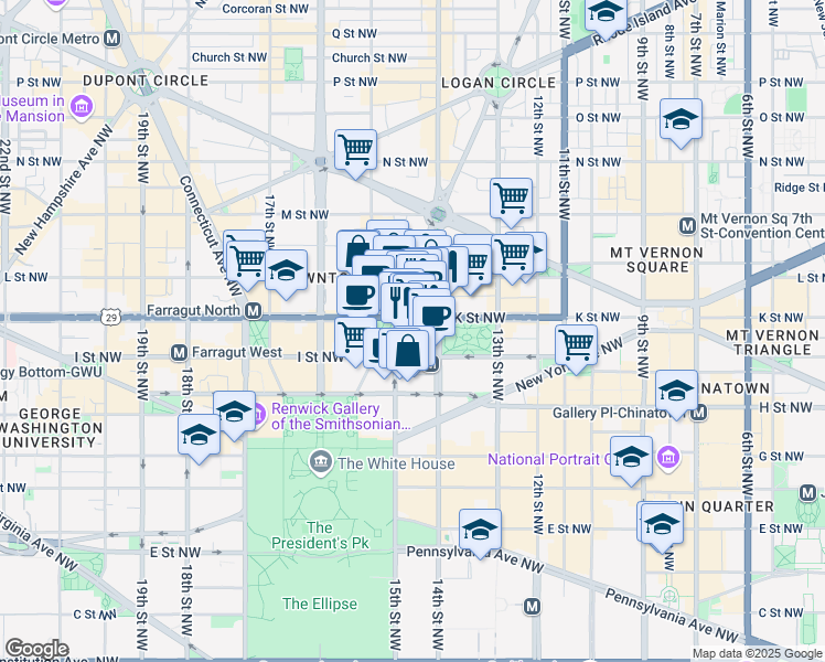 map of restaurants, bars, coffee shops, grocery stores, and more near 1424 K Street Northwest in Washington
