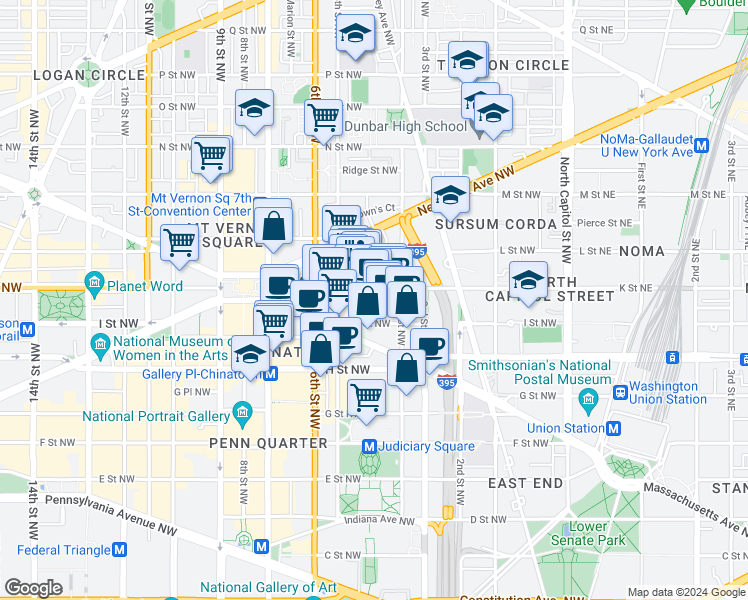 map of restaurants, bars, coffee shops, grocery stores, and more near 440 K Street Northwest in Washington