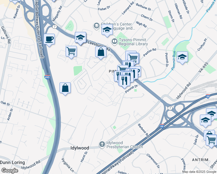 map of restaurants, bars, coffee shops, grocery stores, and more near 2200 Pimmit Run Lane in Falls Church
