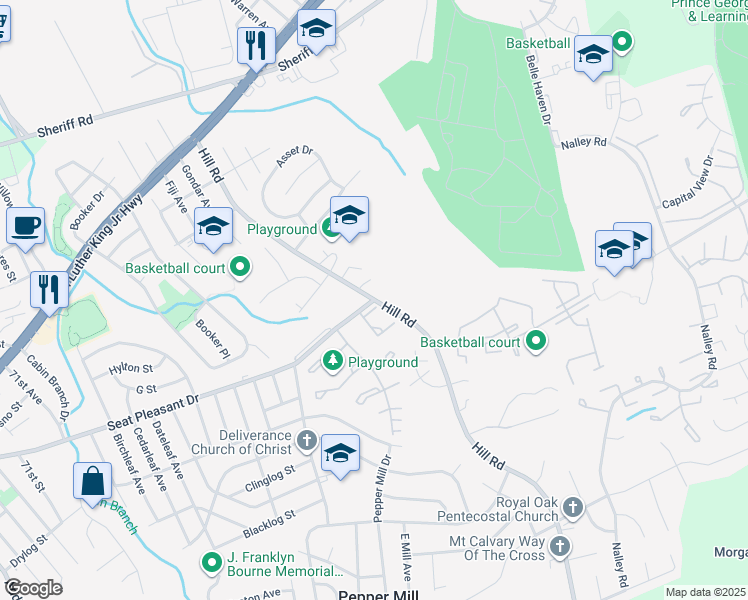 map of restaurants, bars, coffee shops, grocery stores, and more near Hill Rd & Seat Pleasant Dr in Carmody Hills-Pepper Mill Village