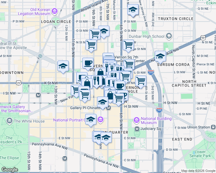 map of restaurants, bars, coffee shops, grocery stores, and more near Massachusetts Ave NW & 7th St NW in Washington