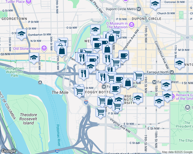 map of restaurants, bars, coffee shops, grocery stores, and more near 950 24th Street Northwest in Washington