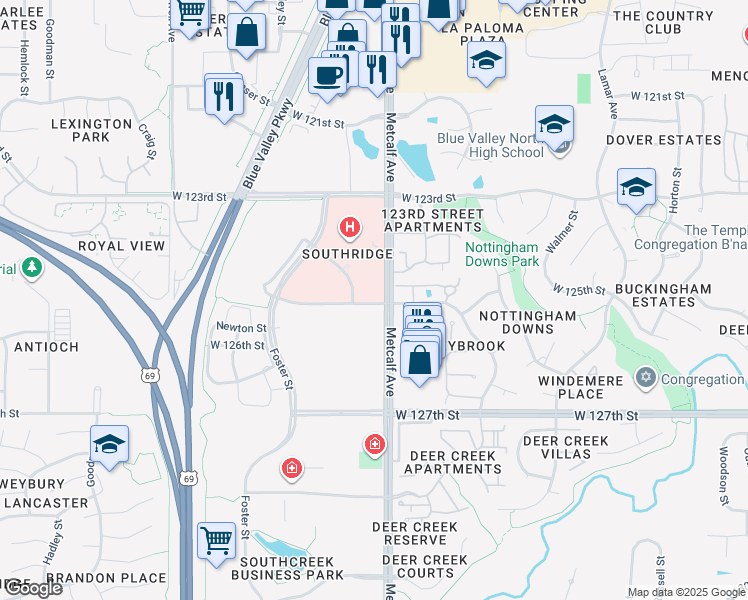 map of restaurants, bars, coffee shops, grocery stores, and more near 12300 Metcalf Avenue in Overland Park