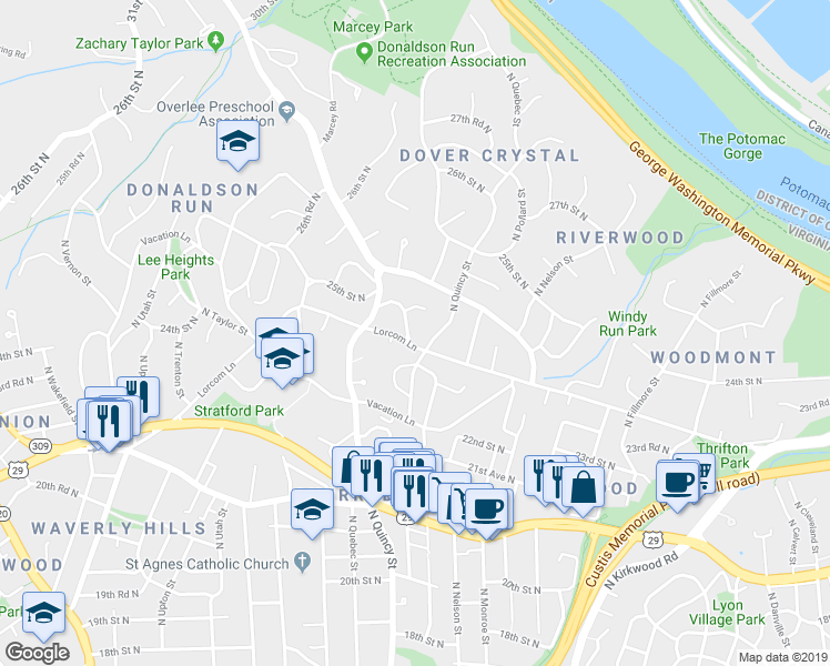 map of restaurants, bars, coffee shops, grocery stores, and more near 2349 North Quebec Street in Arlington
