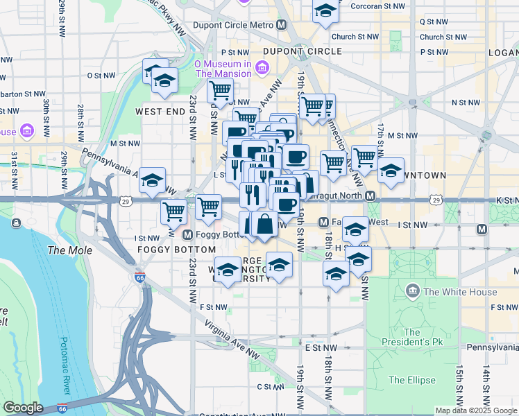 map of restaurants, bars, coffee shops, grocery stores, and more near 2020 K Street Northwest in Washington