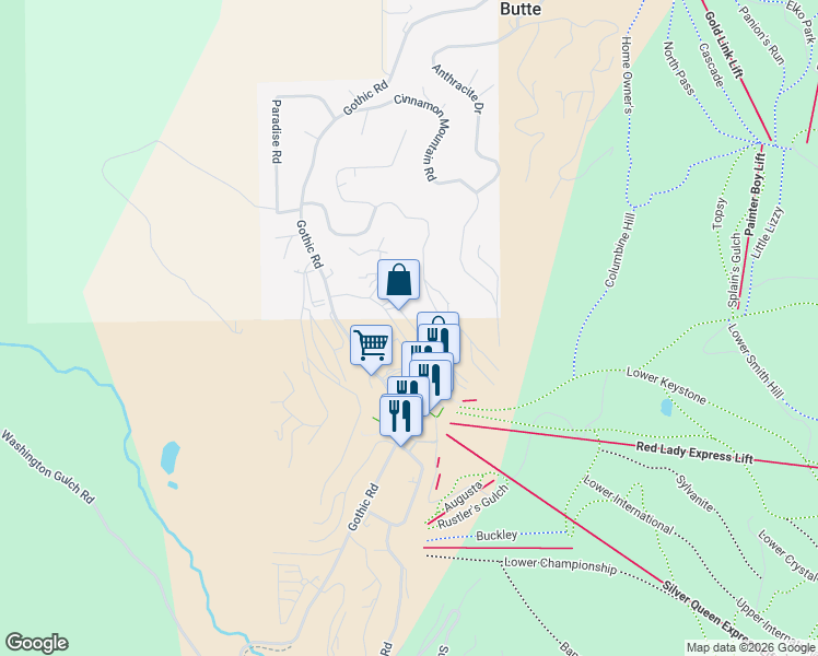 map of restaurants, bars, coffee shops, grocery stores, and more near 39 Whetstone Road in Crested Butte