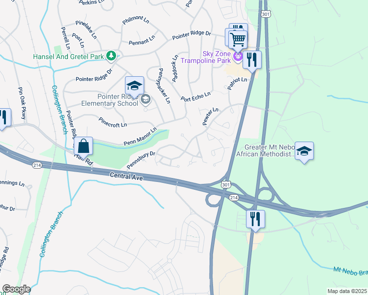 map of restaurants, bars, coffee shops, grocery stores, and more near 16150 Parklawn Place in Bowie