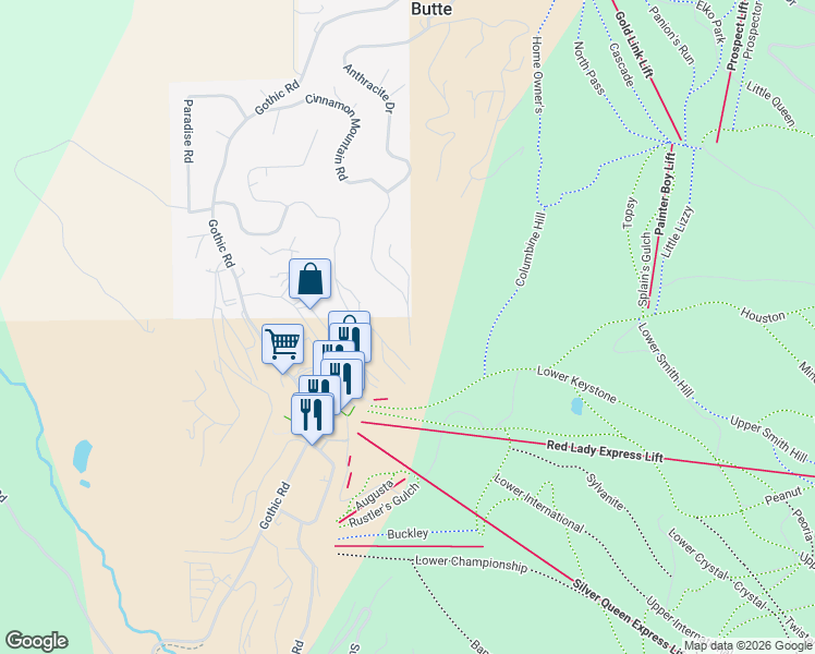 map of restaurants, bars, coffee shops, grocery stores, and more near 57 Cinnamon Mountain Rd in Crested Butte