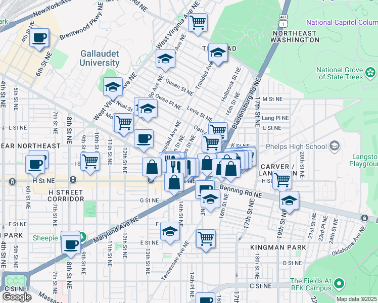 map of restaurants, bars, coffee shops, grocery stores, and more near 101 Independence Avenue Southeast in Washington