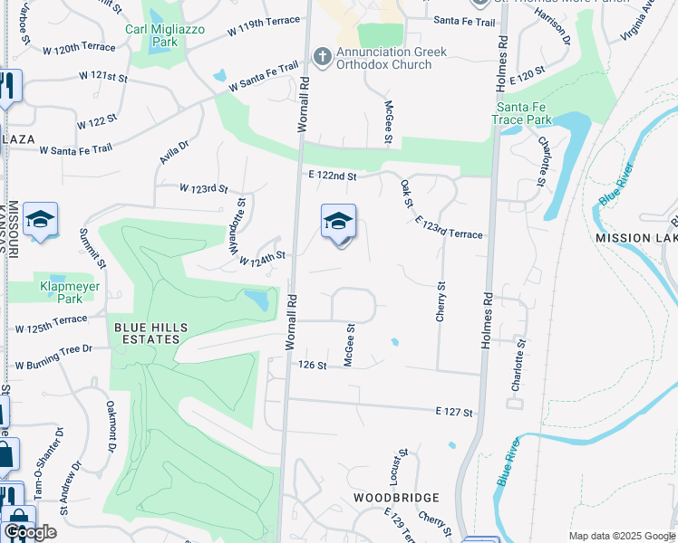 map of restaurants, bars, coffee shops, grocery stores, and more near 12411 Wornall Road in Kansas City