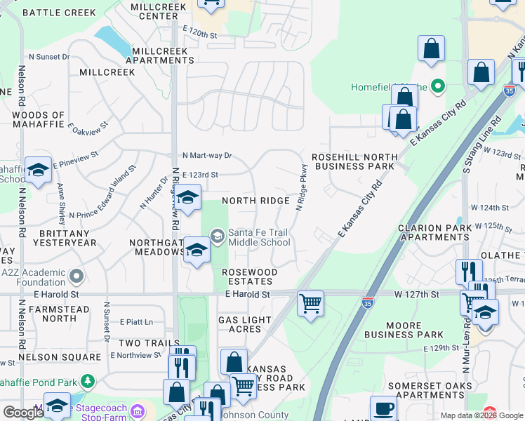 map of restaurants, bars, coffee shops, grocery stores, and more near 1318 North Mart-way Drive in Olathe